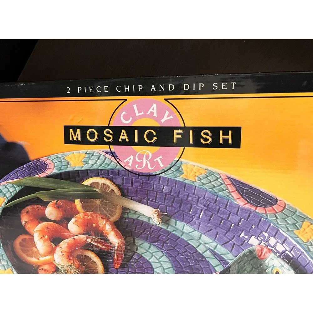 Vtg 90s CLAY ART Mosaic Fish 2pc Chip Dip Platter Set w/Box Pastels Retro Party